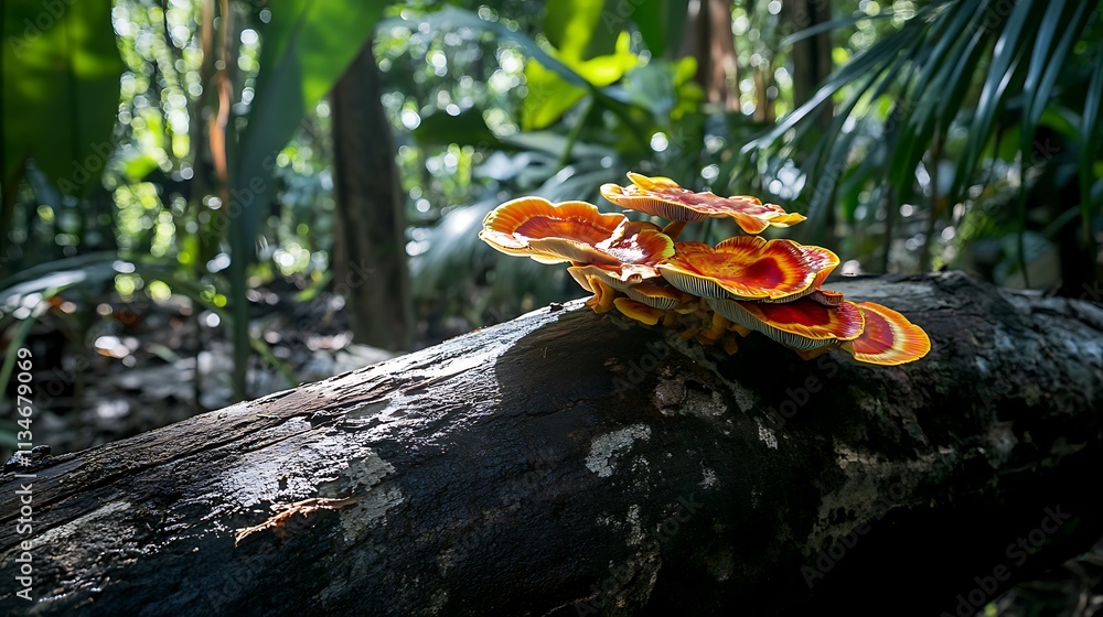 Obraz premium Vibrant Orange Mushrooms Growing On A Forest Log