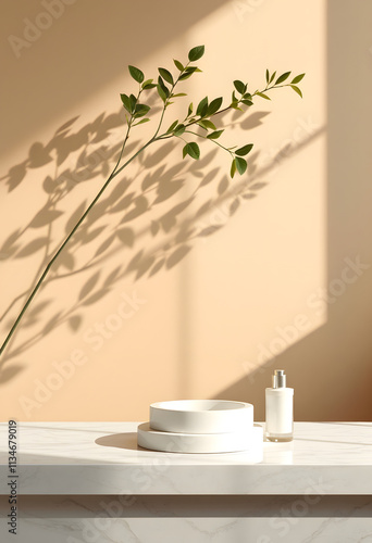 Modern minimal empty white marble stone counter table, tree in sunlight, leaf shadow on beige brown wall background for luxury organic cosmetic, skin care, beauty treatment product. . 3d r, mindfuln