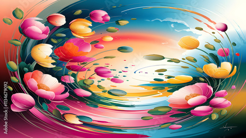 A vibrant digital illustration of colorful flowers with petals in pink, purple, and blue hues, set against a gradient background. The petals appear to be in motion, adding a dynamic feel to the artwor photo