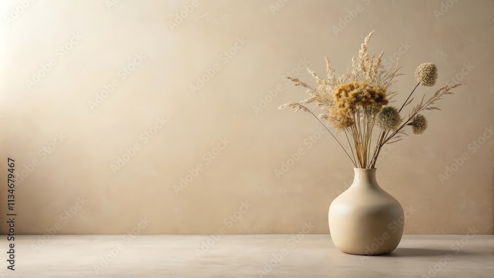 A single beige vase filled with dried flowers stands in front of a beige wall. A single beige vase filled with dried flowers stands in front of a beige wall.