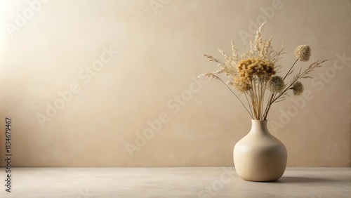 A single beige vase filled with dried flowers stands in front of a beige wall.