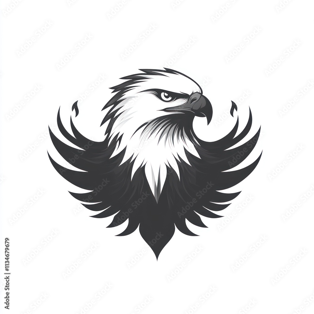Obraz premium Majestic eagle head with stylized wings, grayscale vector illustration.