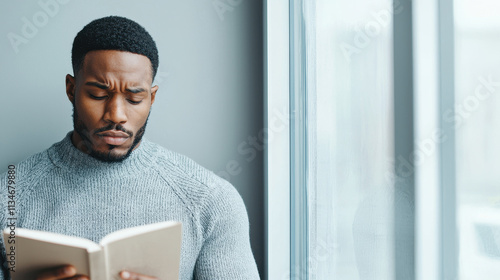 man reading book by window, deep in thought and concentration. cozy atmosphere enhances peaceful moment of reflection photo