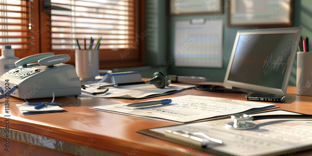 Doctor's Desk with Medical Documents and Equipment Doctor's Desk with Medical Documents and Equipment