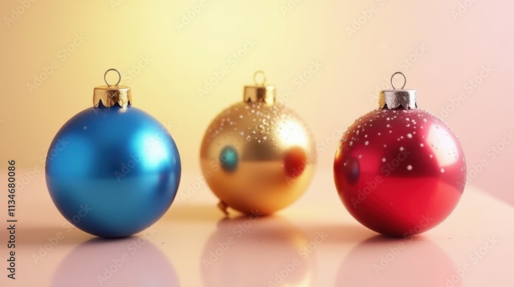 Three Glossy Christmas Ornaments in Blue, Gold, and Red