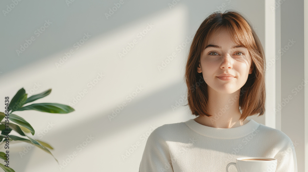 woman enjoying cup of coffee in bright, serene setting, radiating calmness and contentment. soft light enhances her relaxed expression and greenery adds touch of nature woman enjoying cup of coffee in bright, serene setting, radiating calmness and contentment. soft light enhances her relaxed expression and greenery adds touch of nature
