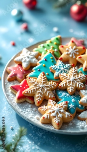 A Festive Collection of Christmas Cookies: Star, Snowflake, and Tree Shapes Decorated with Icing