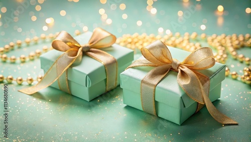 Wallpaper Mural Two Mint Green Gift Boxes with Golden Ribbons and a Scattered String of Gold Beads on a Sparkling Background Torontodigital.ca