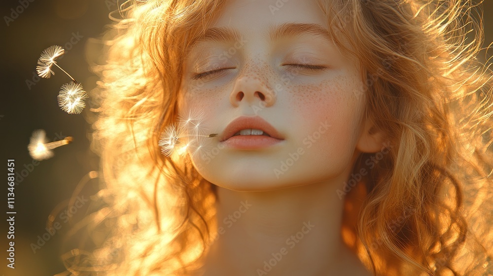 A serene portrait of a girl with dandelion seeds floating around her, evoking tranquility.