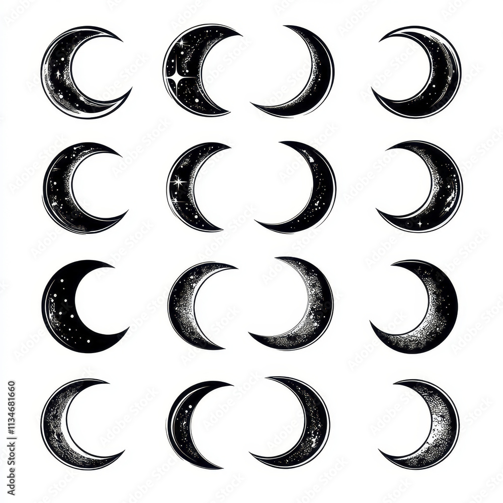 Crescent moons in various designs, showcasing unique textures and patterns Crescent moons in various designs, showcasing unique textures and patterns