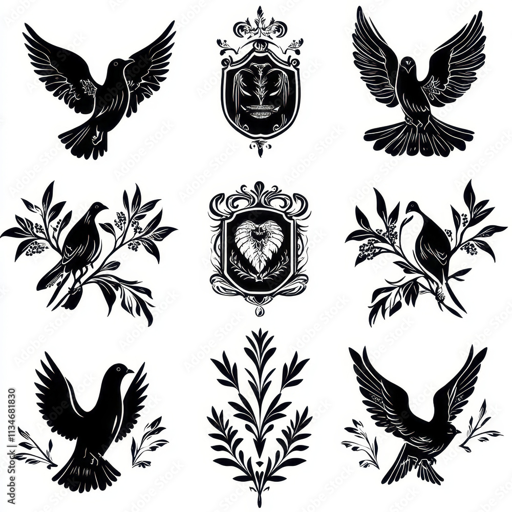 Obraz premium Black and white graphic design featuring doves, lions, and floral elements