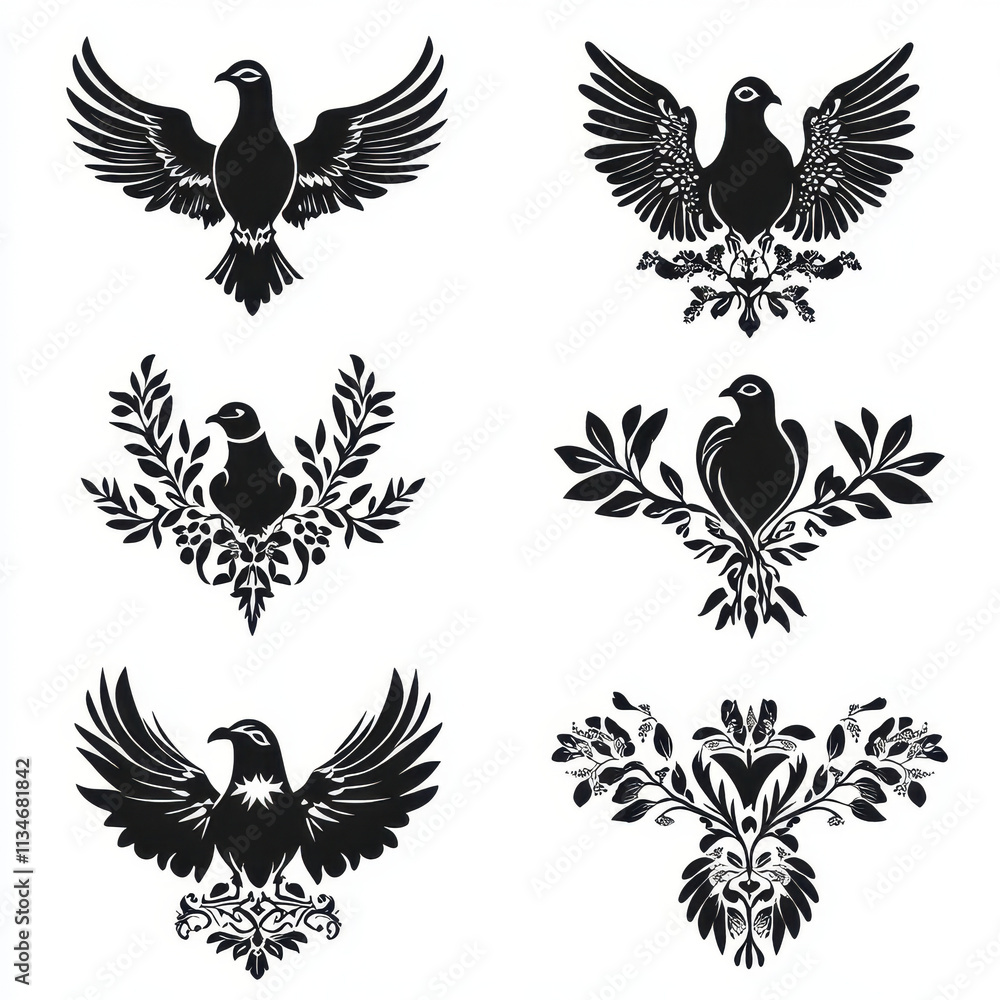 Obraz premium Elegant black birds with decorative branches and leaves in various designs