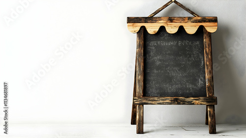 Blank rustic wooden chalkboard sign on easel. photo