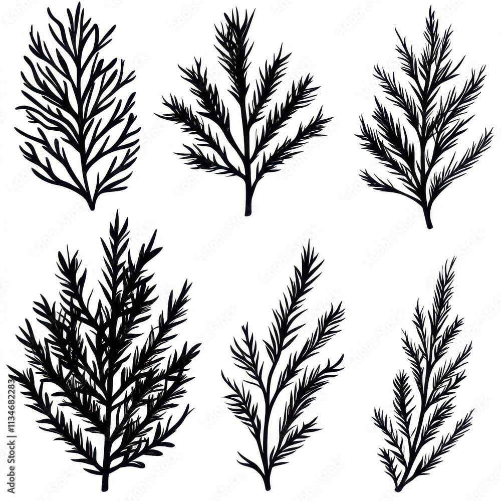 Black evergreen tree branches in various shapes and sizes for design Black evergreen tree branches in various shapes and sizes for design
