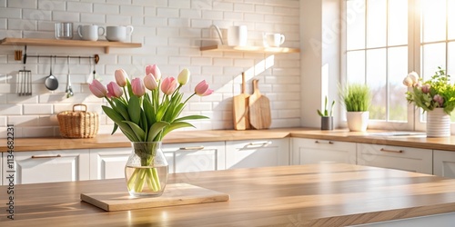 Pink Tulips in a Vase on a Wooden Table in a Kitchen with White Cabinets and a Window with Sunlight