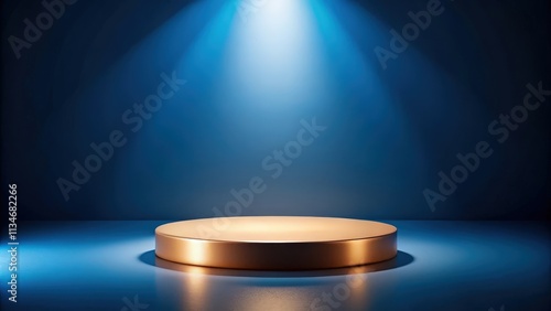 A golden platform illuminated by a spotlight against a dark blue background.