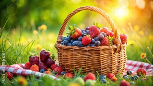 A wicker basket filled with ripe strawberries and blueberries sits on a checkered blanket in a lush green meadow bathed in the warm glow of sunset.