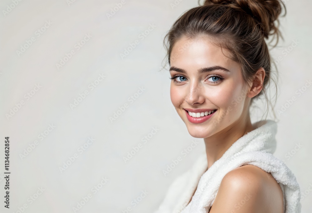 Smiling Young Woman Portrait Studio Setting High-Quality Image Neutral Background Side View Natural Beauty Concept for Online Platforms Smiling Young Woman Portrait Studio Setting High-Quality Image Neutral Background Side View Natural Beauty Concept for Online Platforms