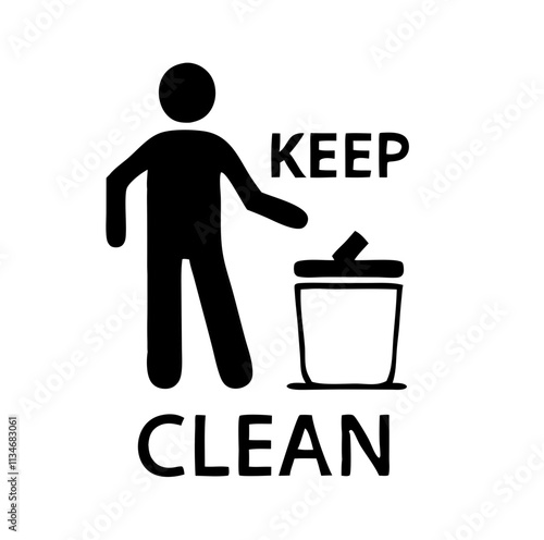 Keep clean sign featuring a person disposing trash in a bin with text KEEP CLEAN