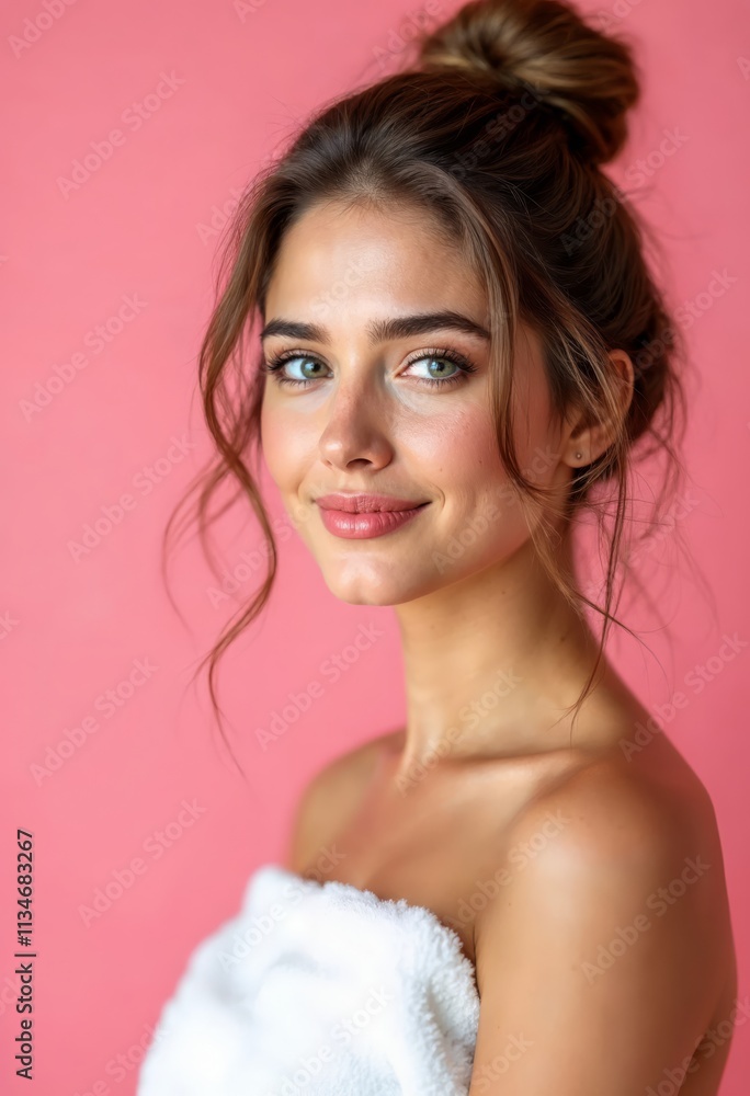 Elegant Portrait of a Young Woman with Natural Beauty Indoor Studio Photography Soft Pink Background Side View Beauty and Self-Care Concept Elegant Portrait of a Young Woman with Natural Beauty Indoor Studio Photography Soft Pink Background Side View Beauty and Self-Care Concept