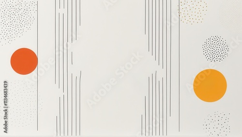 A minimalist and modern photograph featuring an abstract composition of vertical lines and colorful circles. 
