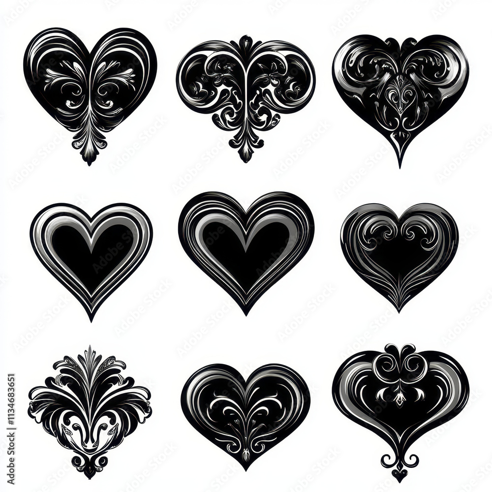 Elegant black heart shaped icons with intricate designs and patterns Elegant black heart shaped icons with intricate designs and patterns