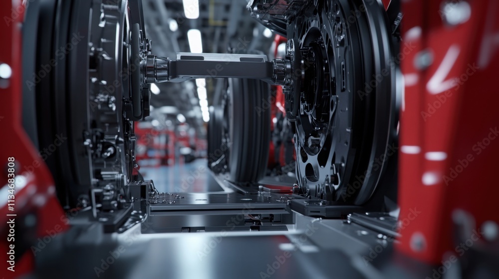 Fototapeta premium Airplane wheel compartment with mechanical components and hydraulic systems, essential for safe landing and takeoff. Precision engineering and aviation safety concepts.