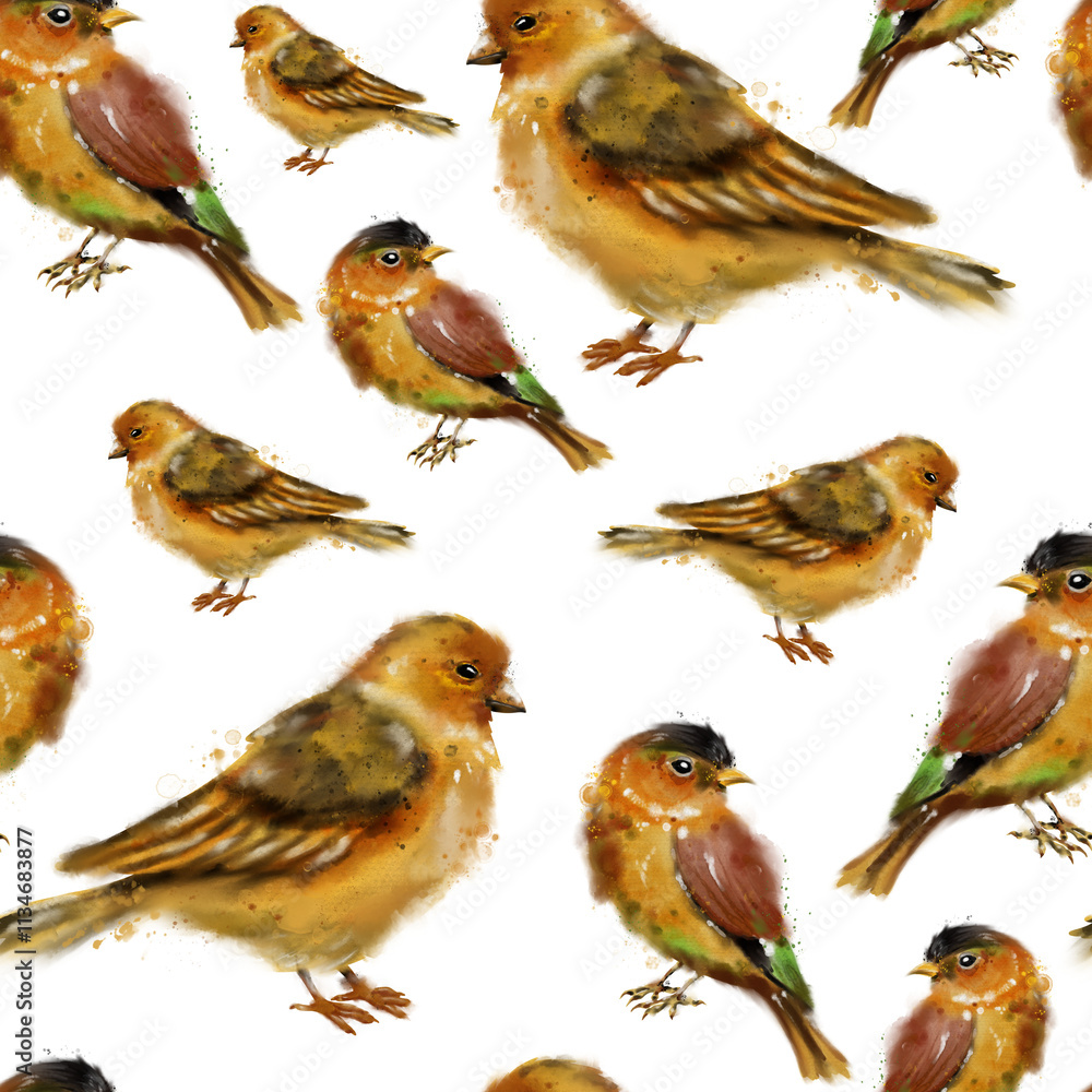 Charming small birds in varying colors scatter playfully across the canvas, evoking the joy of nature in a serene garden atmosphere. Charming small birds in varying colors scatter playfully across the canvas, evoking the joy of nature in a serene garden atmosphere.