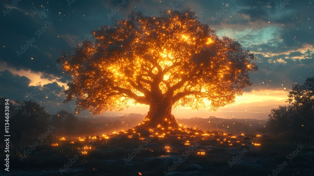 Fototapeta premium Illustrated Clovis sacred tree tied offerings of carved wooden amulets stones animal parts representing prayers and wishes the tree glowing with symbolic significance against a twilight sky