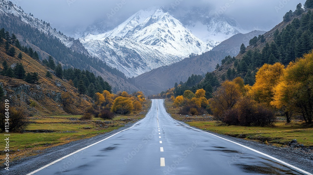 Fototapeta premium A serene road leads through a picturesque mountain landscape with autumn foliage.