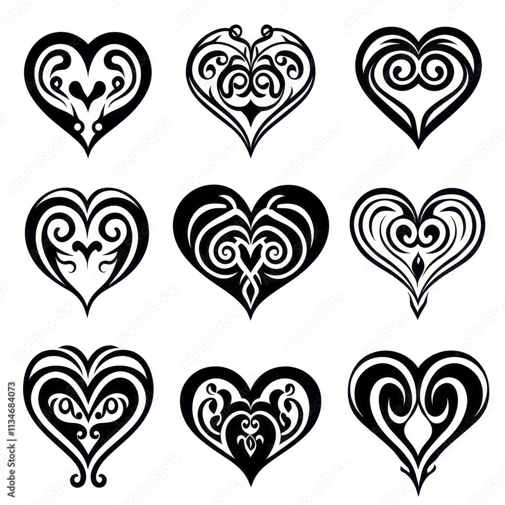 Stylish set of intertwined heart designs in black and white Stylish set of intertwined heart designs in black and white