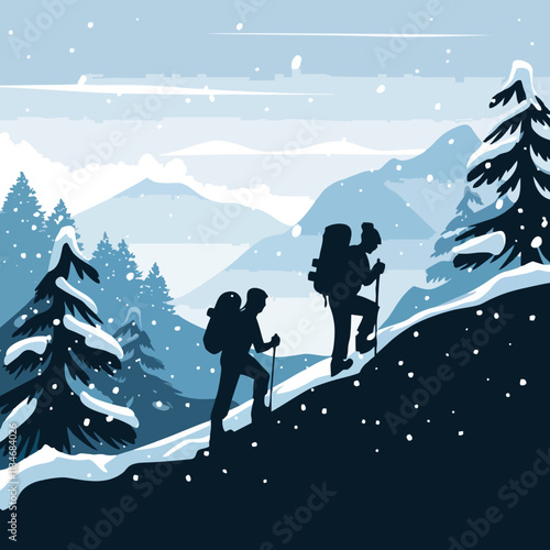 Distant View of Hikers in Snowy Winter Landscape - Vector Illustration