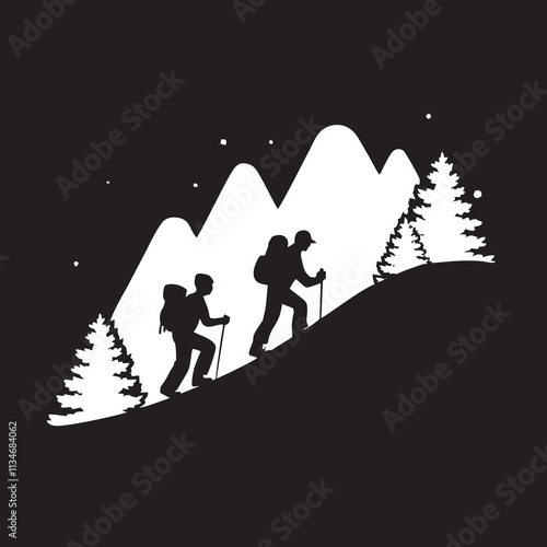 Distant View of Hikers in Snowy Winter Landscape - Vector Illustration
