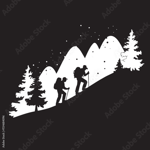 Distant View of Hikers in Snowy Winter Landscape - Vector Illustration