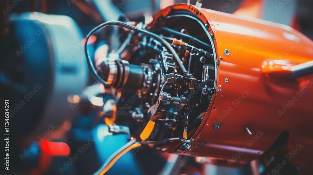 Fototapeta premium Airplane wheel compartment with mechanical components and hydraulic systems, essential for safe landing and takeoff. Precision engineering and aviation safety concepts.