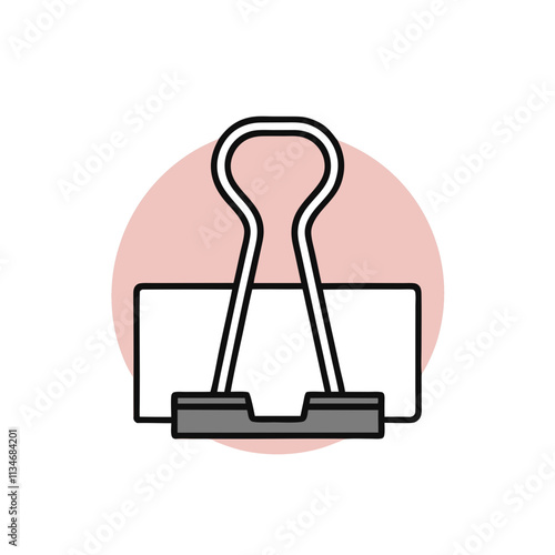 Silver binder clip holds white paper against pink circle backdrop. Minimalist office supply illustration shows practical elegance. Concept: Office Organization, Document Management