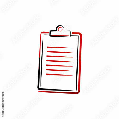 Minimalist clipboard icon combines black and red outlines. Clean document lines suggest organized content. Concept: Documentation, Office Administration, Record Keeping