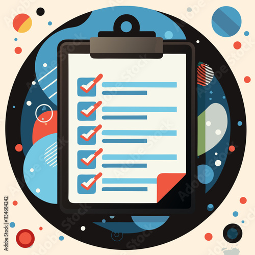 Completed checklist radiates success with colorful circular frame. Modern graphic design celebrates achievement with vibrant shapes. Concept: Achievement, Goal Completion, Success Tracking