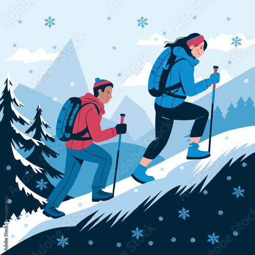 Distant View of Hikers in Snowy Winter Landscape - Vector Illustration