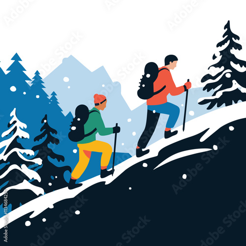 Distant View of Hikers in Snowy Winter Landscape - Vector Illustration