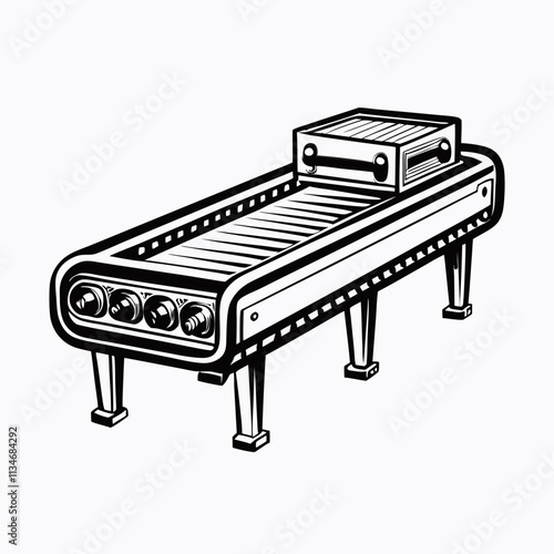 Hand-drawn conveyor belt with packages on a white background, industrial design with copy space