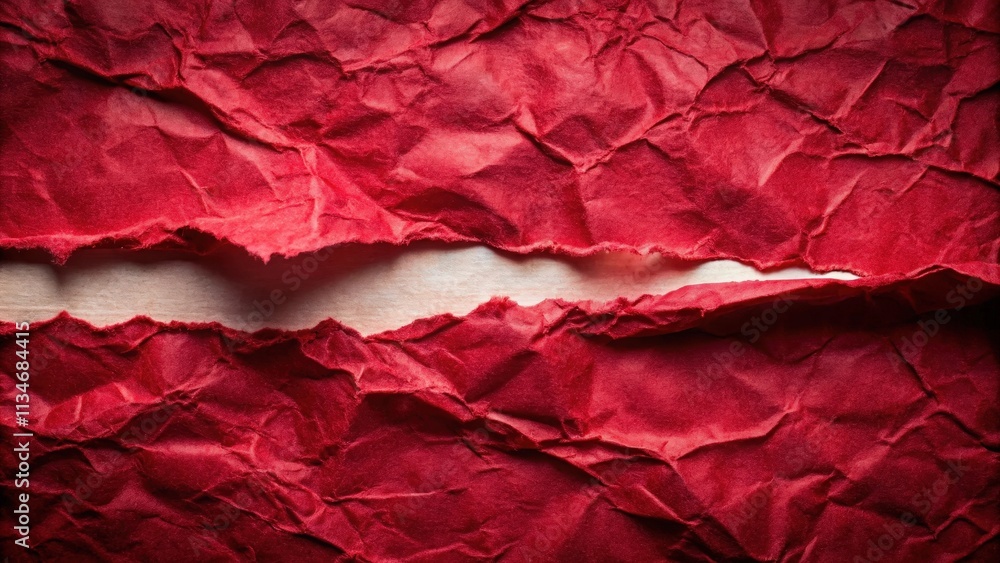 Textured Red Crumpled Paper with a Ripped Opening Reveals a Glimpse of the Underlying Surface Textured Red Crumpled Paper with a Ripped Opening Reveals a Glimpse of the Underlying Surface
