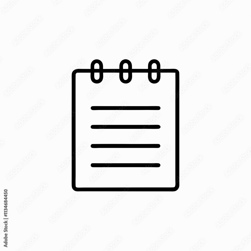 Simple line drawing of notepad with lined pages. Clean minimalist design on white background. Concept: Office Supplies, Education, Personal Planning Simple line drawing of notepad with lined pages. Clean minimalist design on white background. Concept: Office Supplies, Education, Personal Planning
