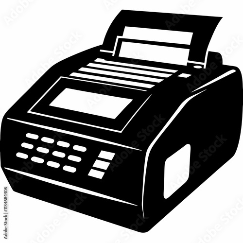 Black thermal printer illustration with paper on white background