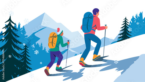 Distant View of Hikers in Snowy Winter Landscape - Vector Illustration