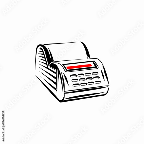 Stylish cash register illustration in white and red on white background