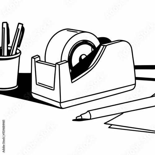 Desk with tape dispenser, pens, and paper sketch on white background
