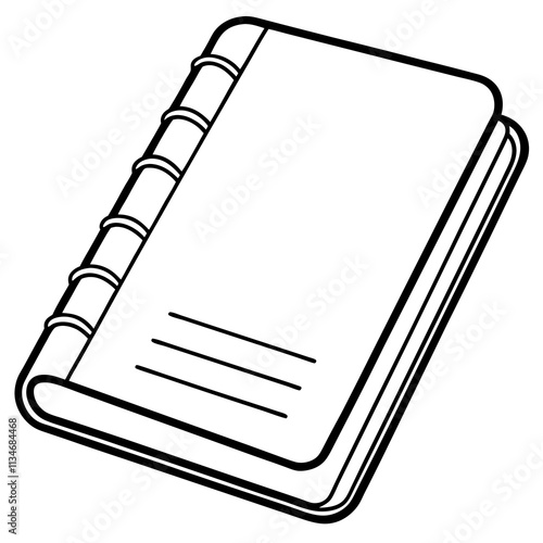 Simple line drawing of closed book with binding rings. Minimalist illustration showing educational tool. Concept: education, publishing, library services