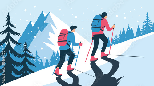 Distant View of Hikers in Snowy Winter Landscape - Vector Illustration