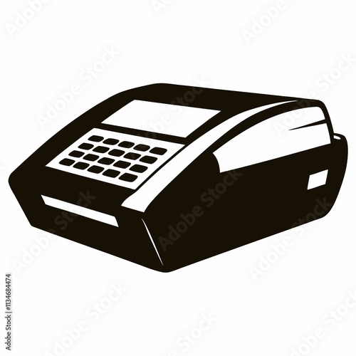 Black cash register illustration with keypad on white background
